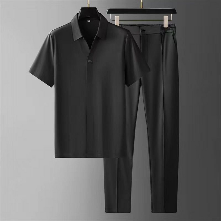 Men's Two-Piece Knit Polo Shirt and Ankle-Length Pants Set - Casual
