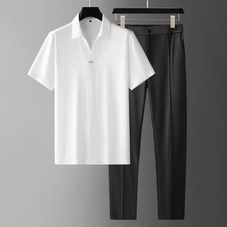 Men's Two-Piece Knit Polo Shirt and Ankle-Length Pants Set - Casual