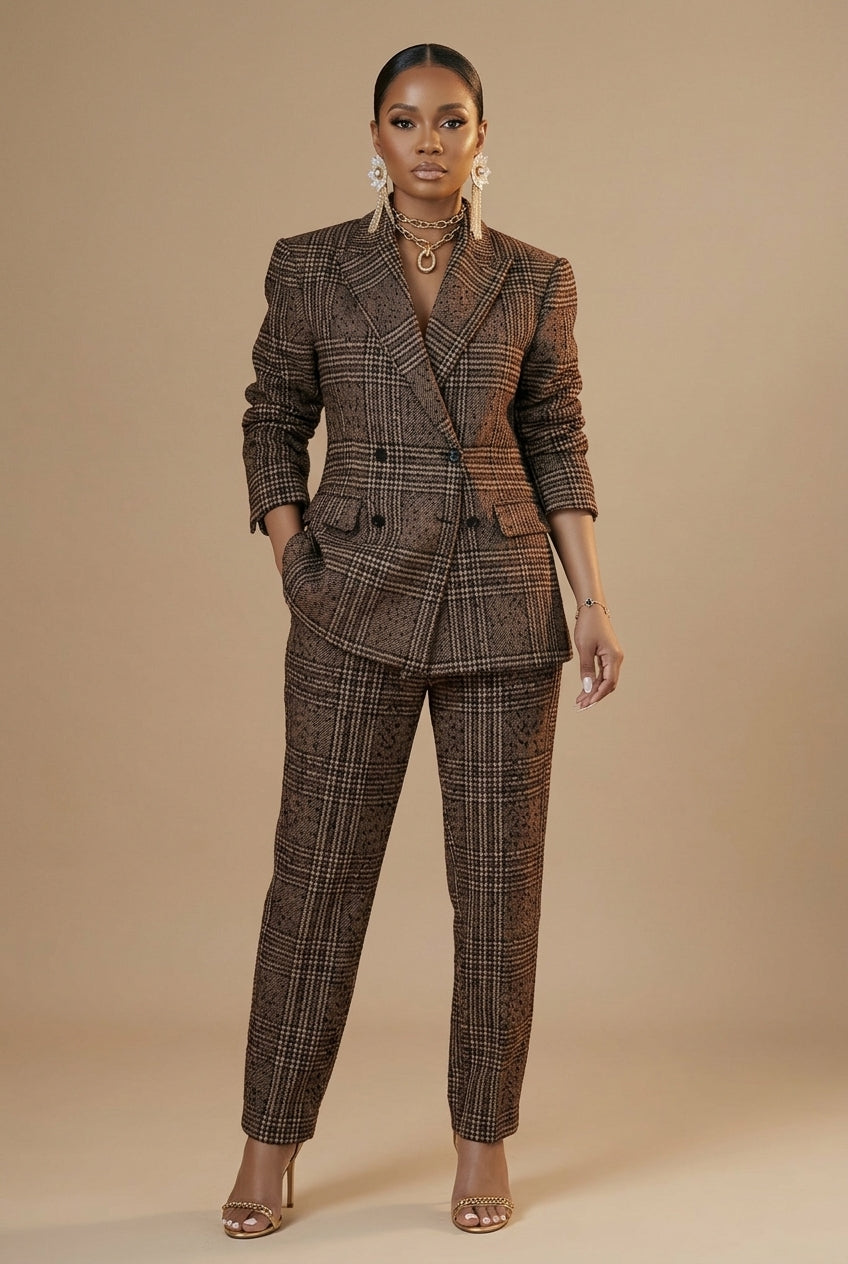 Women's Plaid Blazer and Pants Set - Relaxed Fit