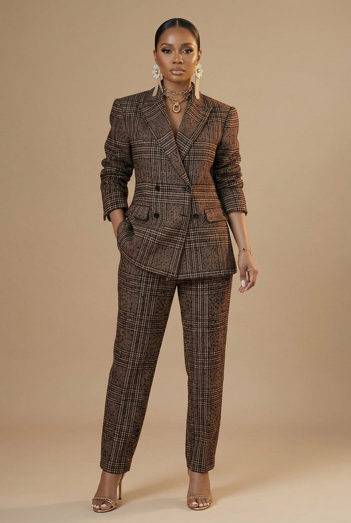 Women's Plaid Blazer and Pants Set - Relaxed Fit