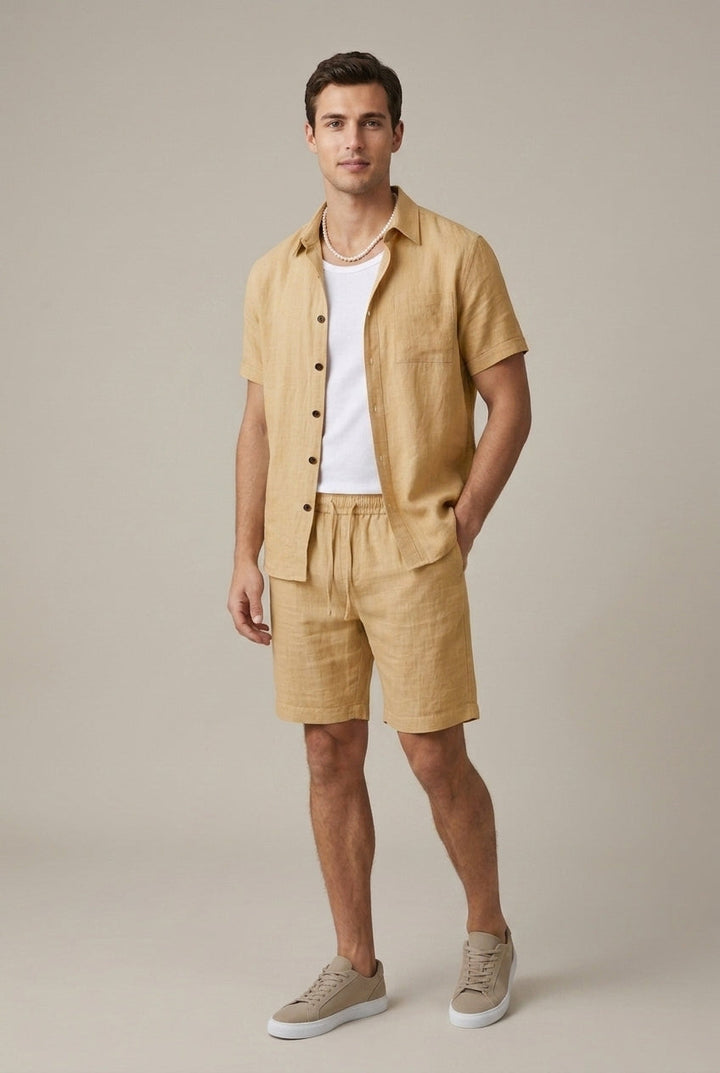 Men's Linen Blend Shirt and Shorts Set - Summer Casual