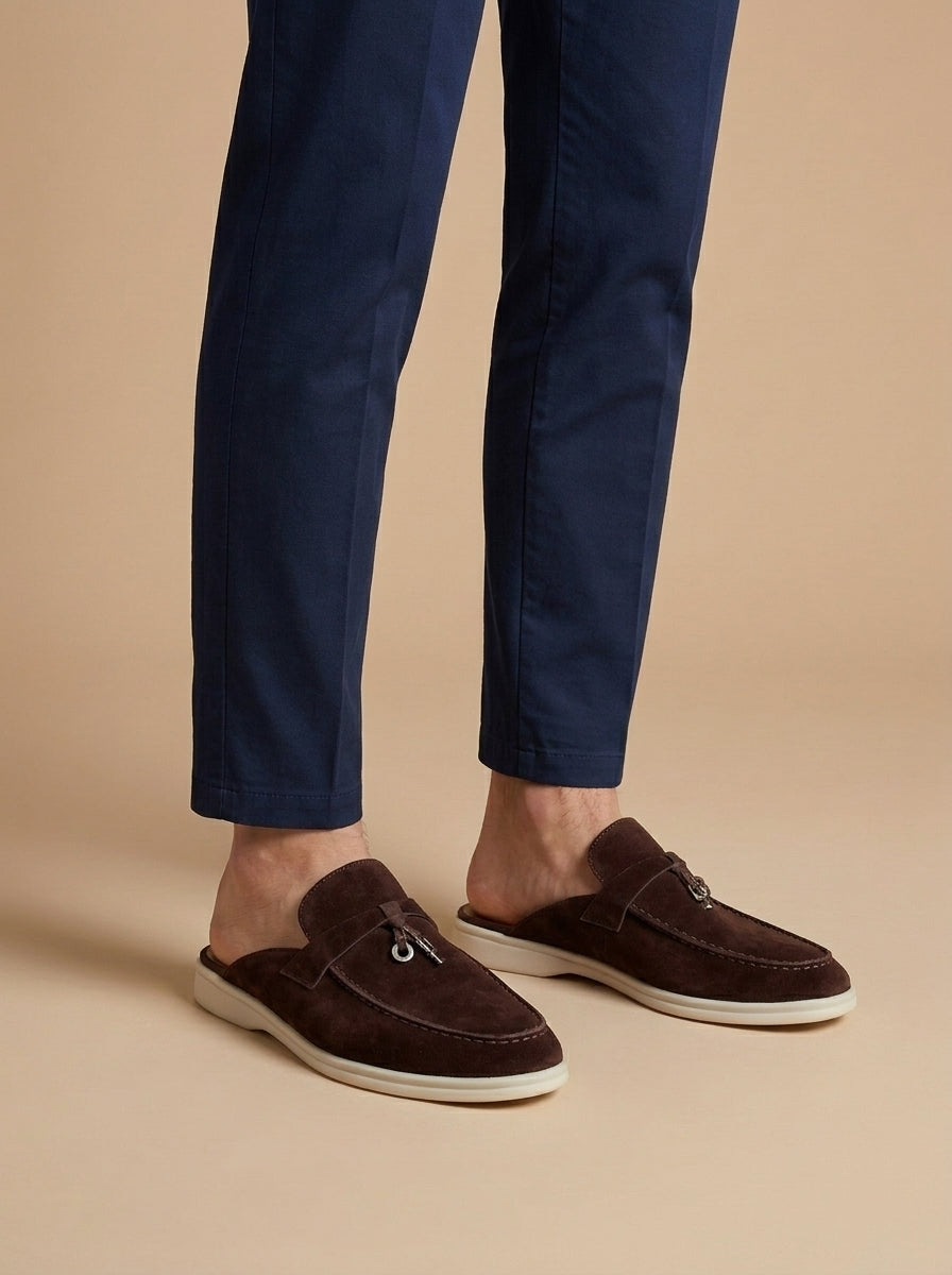 Men's Suede Mule Loafers - Open Back - Flat Sole