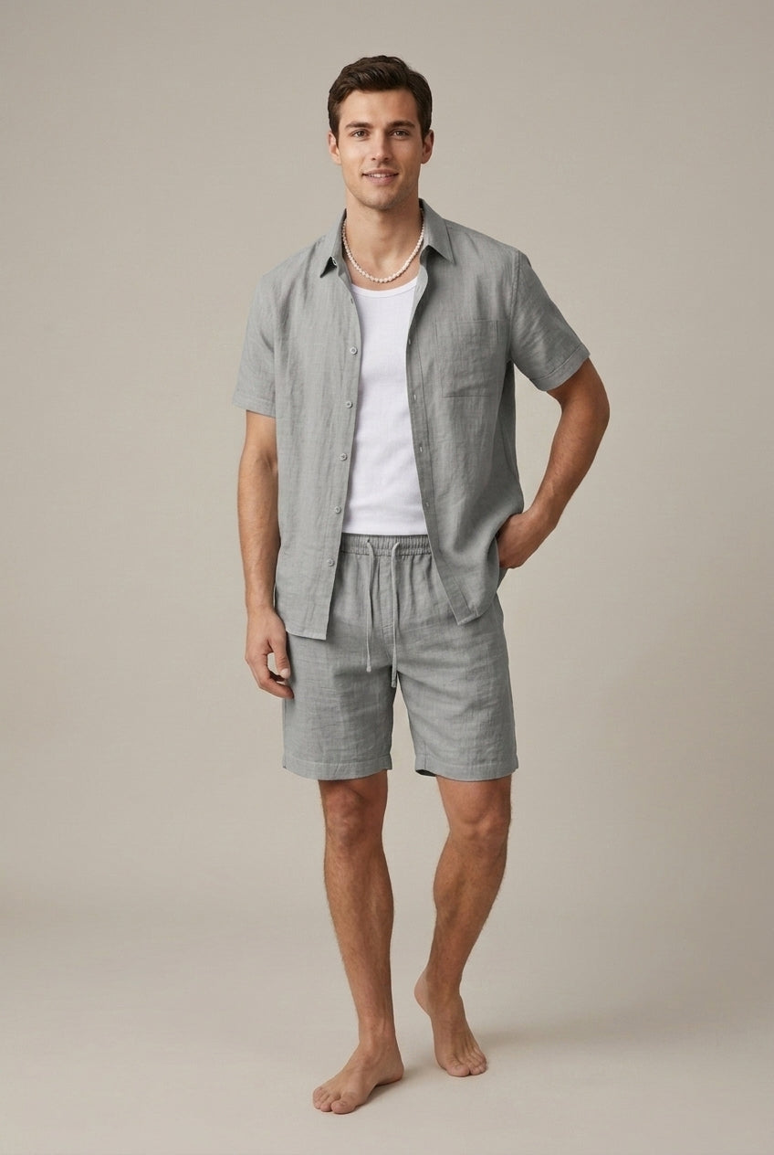 Men's Linen Blend Shirt and Shorts Set - Summer Casual