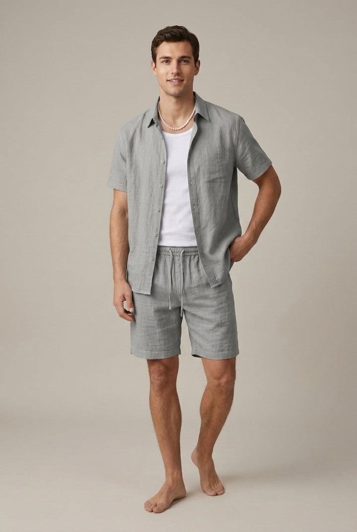 Men's Linen Blend Shirt and Shorts Set - Summer Casual