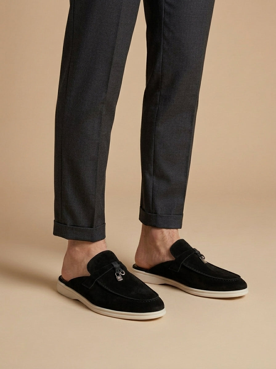Men's Suede Mule Loafers - Open Back - Flat Sole