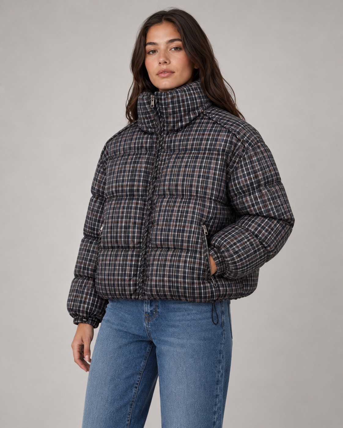 Women's Padded Checked Funnel Neck Winter Puffer Coat