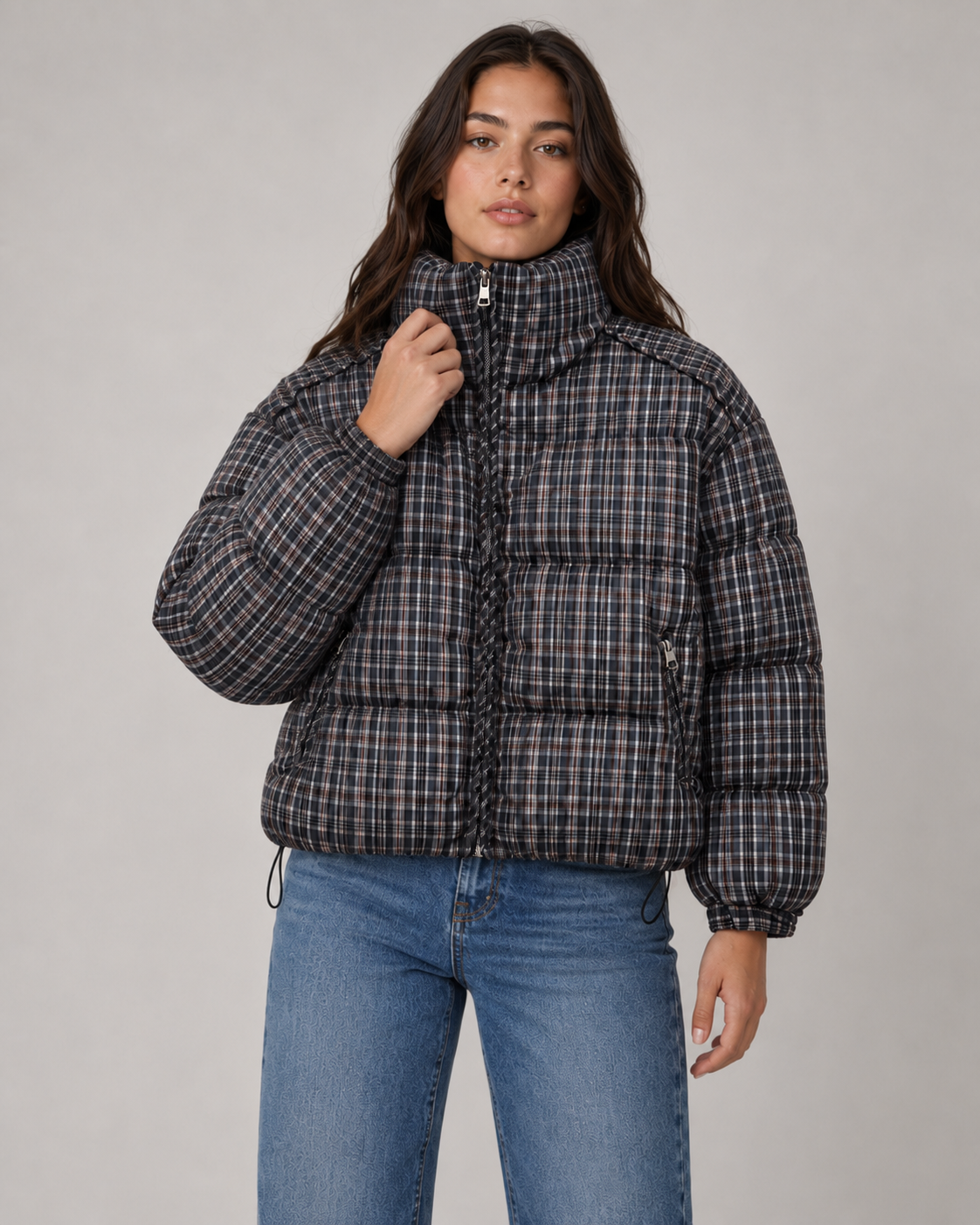 Women's Padded Checked Funnel Neck Winter Puffer Coat