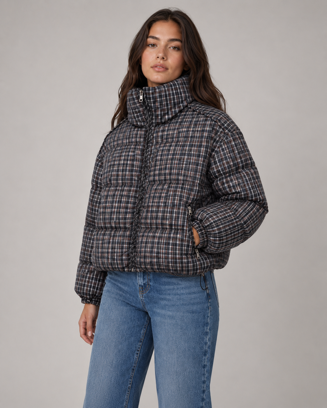 Women's Padded Checked Funnel Neck Winter Puffer Coat