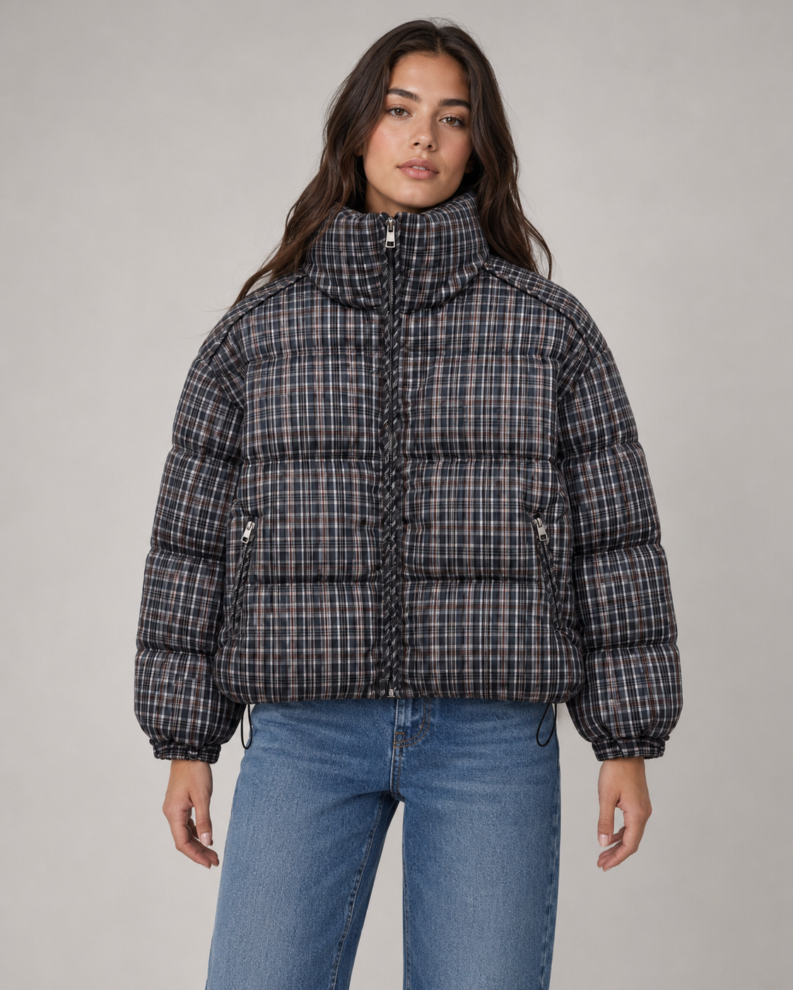 Women's Padded Checked Funnel Neck Winter Puffer Coat