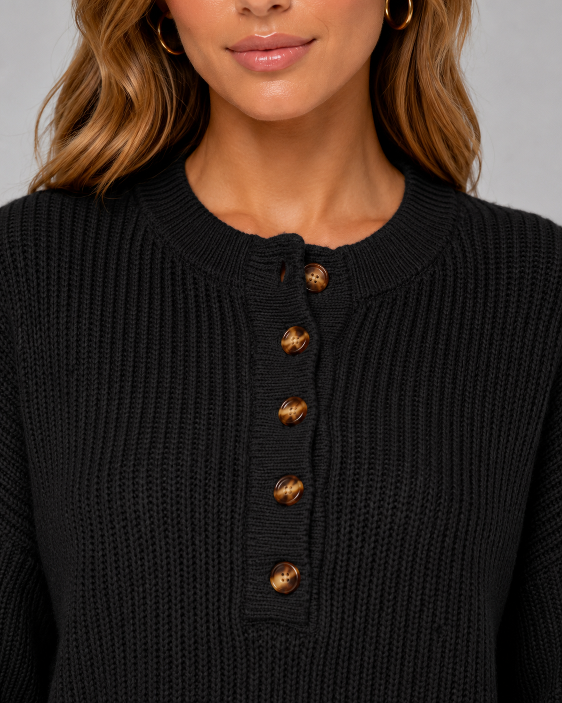 Ribbed Henley Sweater for Women with Button Placket