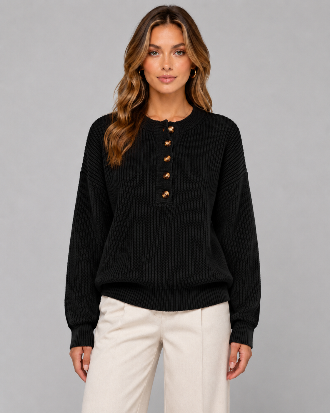 Ribbed Henley Sweater for Women with Button Placket