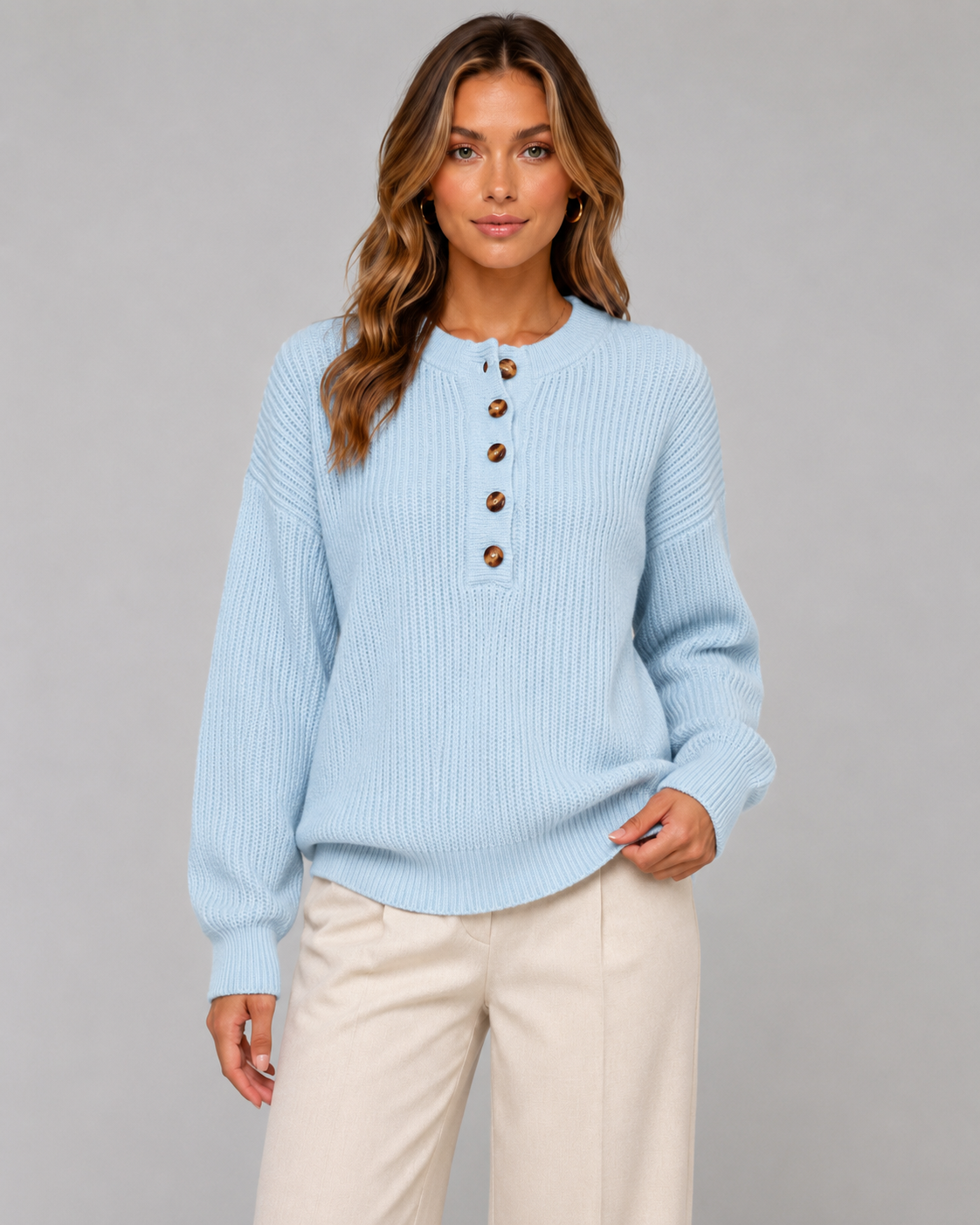 Ribbed Henley Sweater for Women with Button Placket