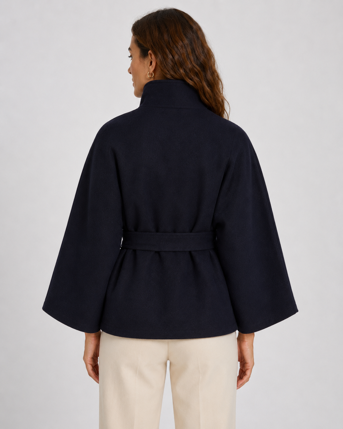 Women's Funnel Neck Belted Cape with Wide Sleeves