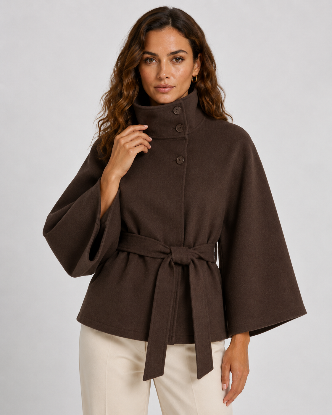 Women's Funnel Neck Belted Cape with Wide Sleeves