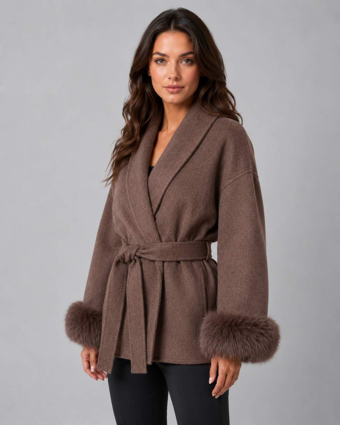 Women's Wrap Coat with Faux Fur Cuffs and Shawl Collar