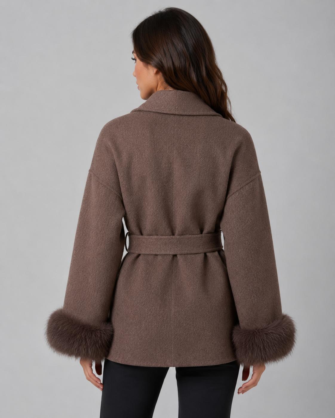 Women's Wrap Coat with Faux Fur Cuffs and Shawl Collar