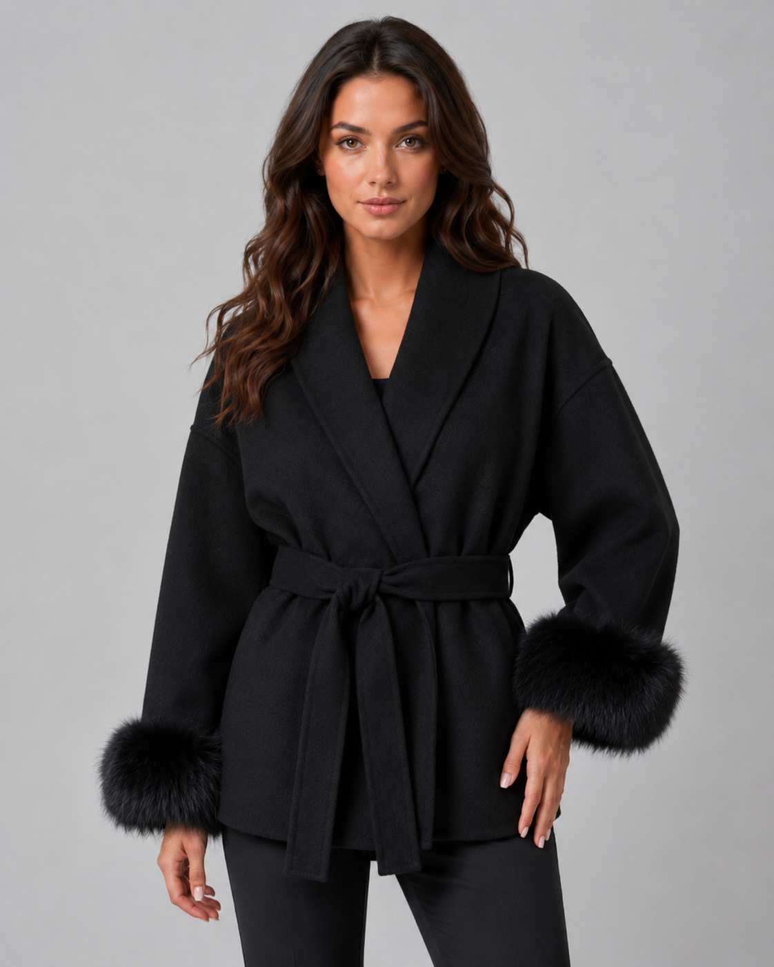 Women's Wrap Coat with Faux Fur Cuffs and Shawl Collar