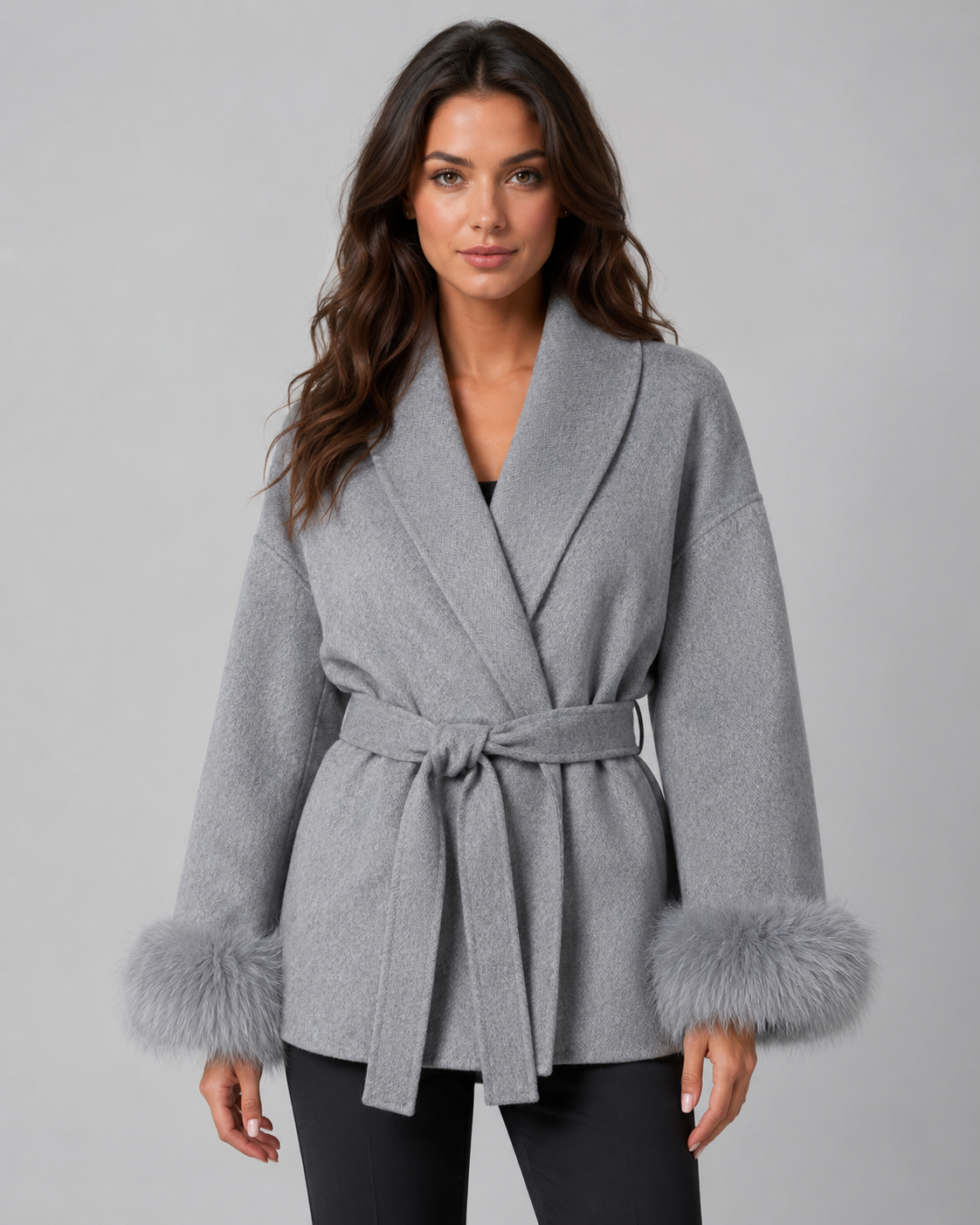Women's Wrap Coat with Faux Fur Cuffs and Shawl Collar