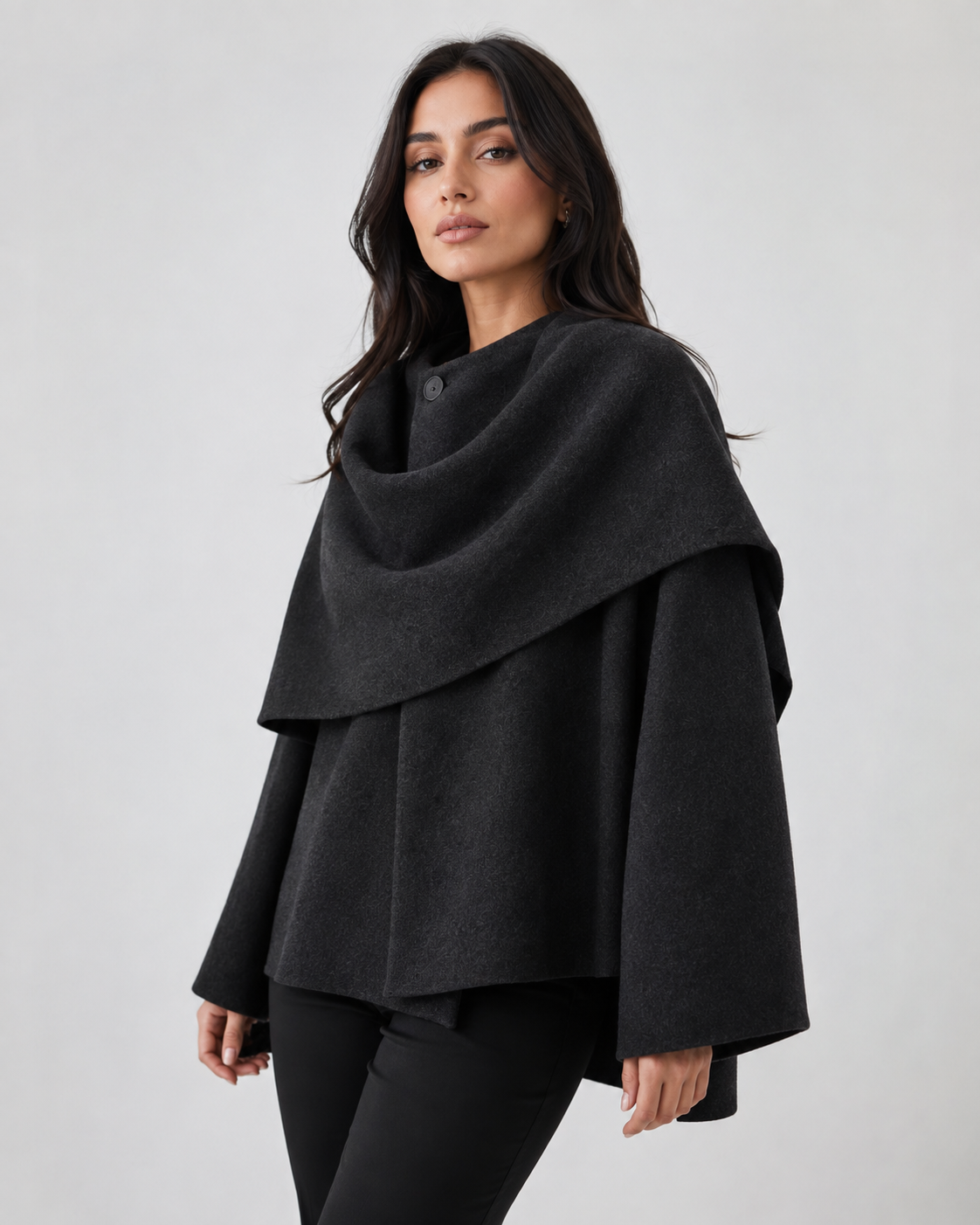 Women's Cape Collar Scarf Coat - Boxy Fit Draped Style