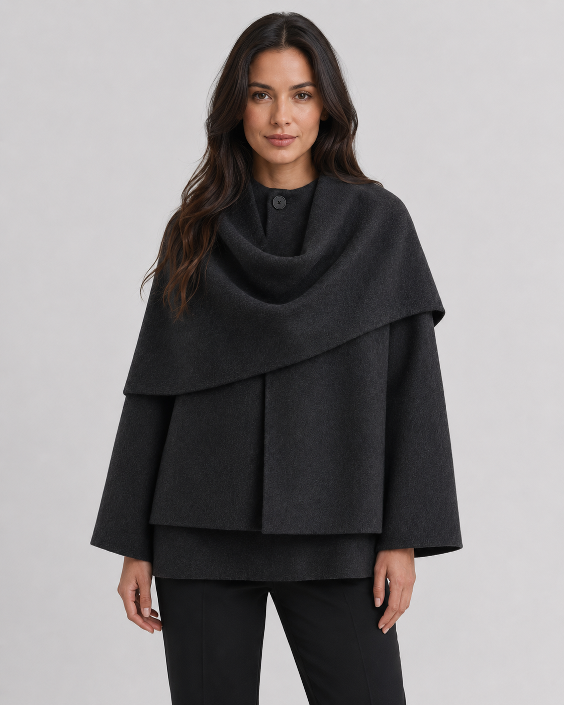 Women's Cape Collar Scarf Coat - Boxy Fit Draped Style