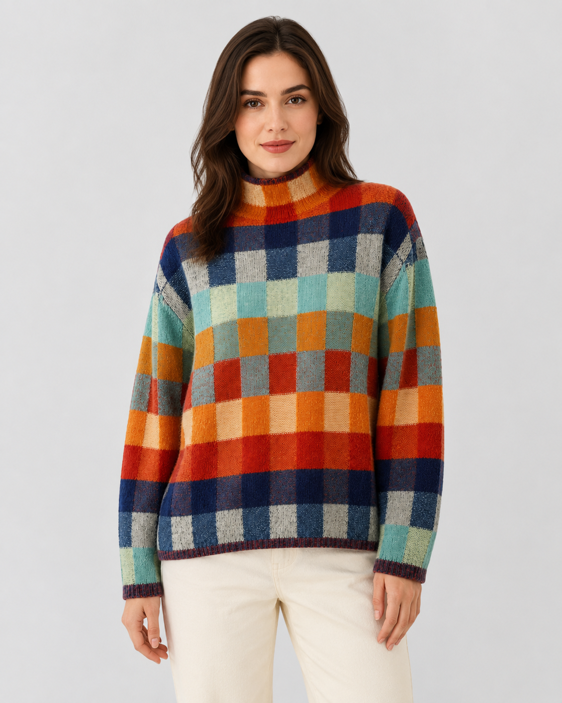Women's Turtleneck Sweater in Check Knit