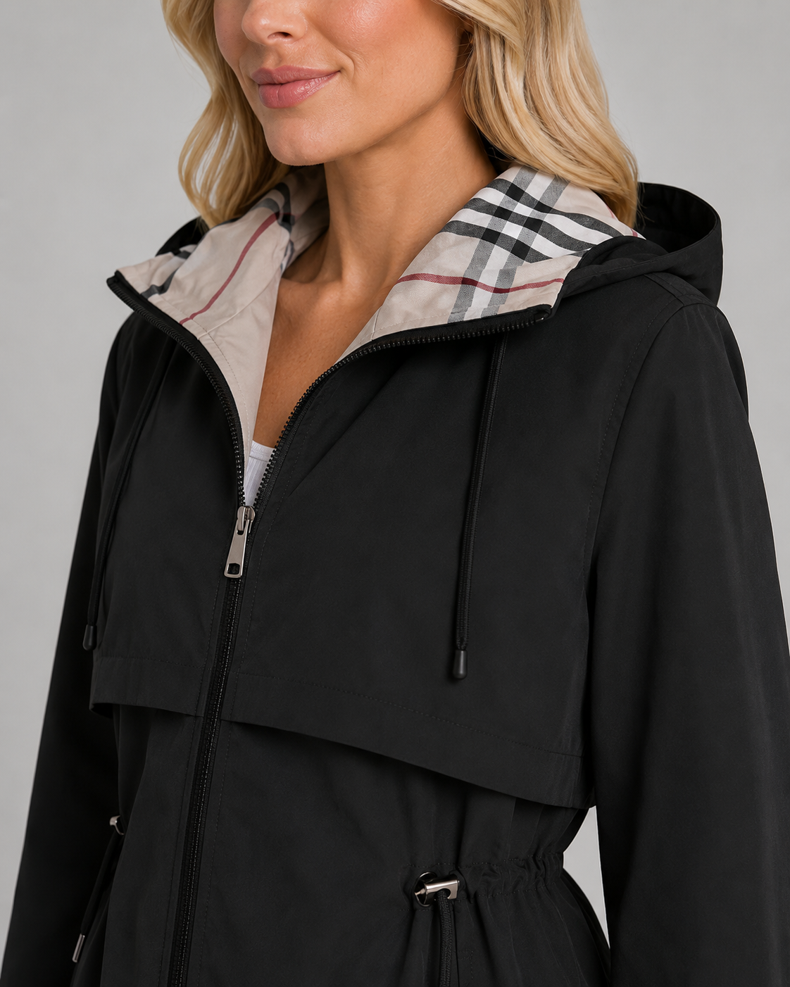 Women's Hooded Trench Coat with Check Lining & Adjustable Waist