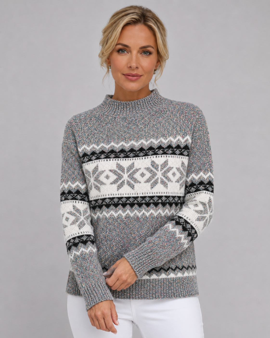 Women's Ribbed Mock Neck Fair Isle Sweater