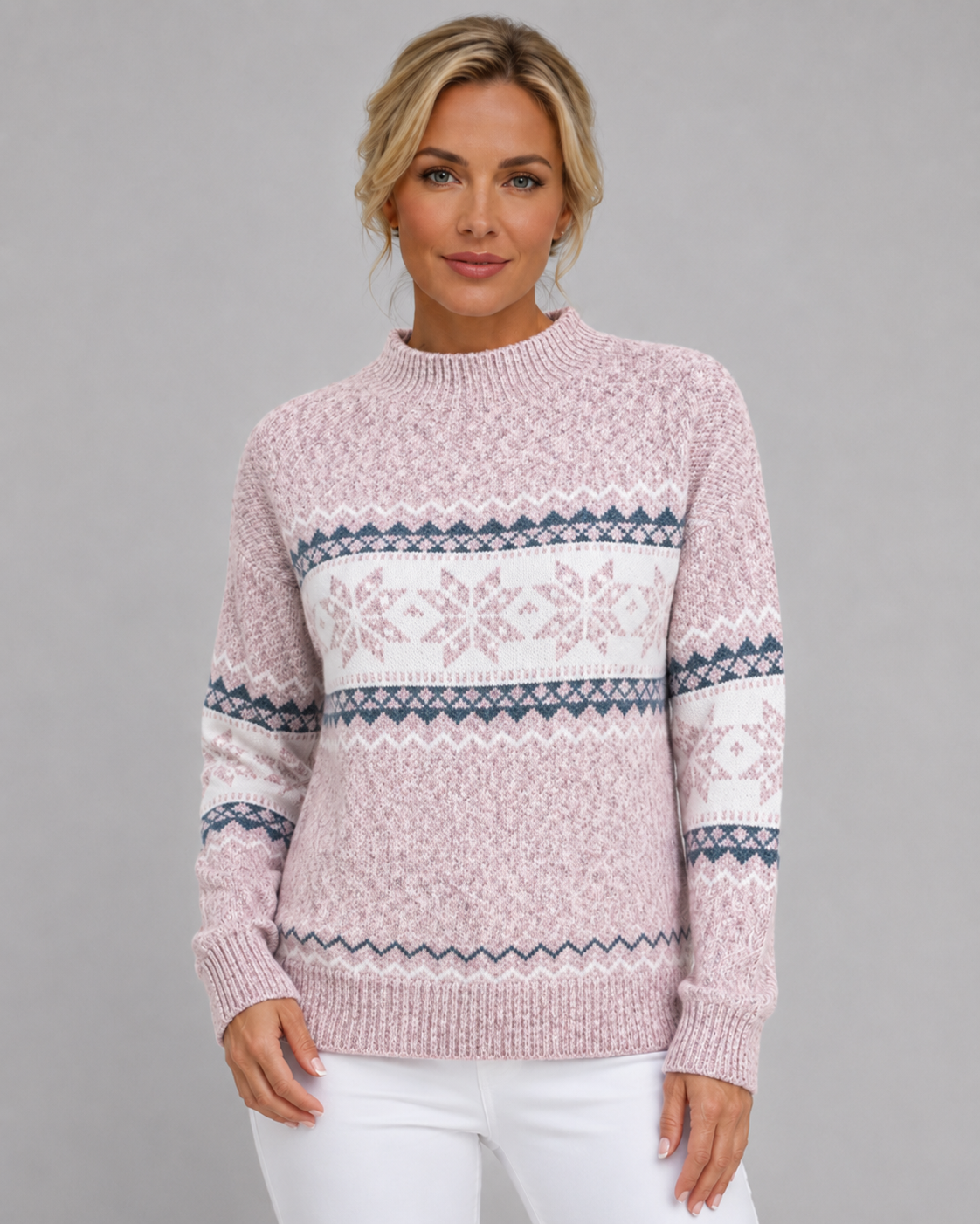 Women's Ribbed Mock Neck Fair Isle Sweater