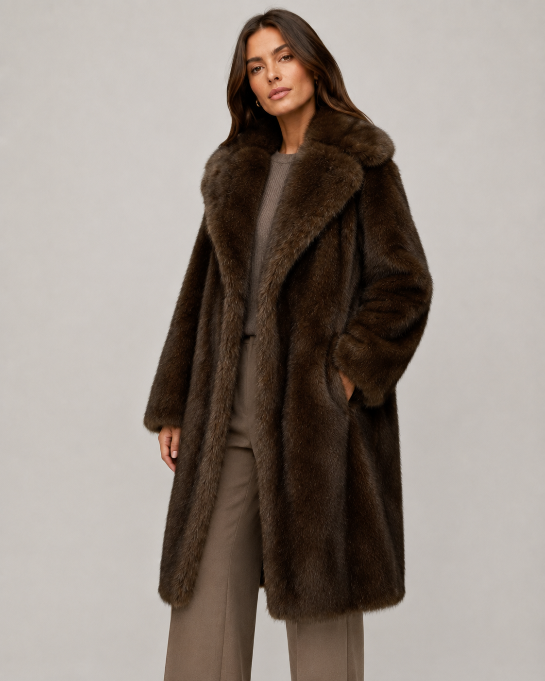 Faux Fur Longline Coat for Women with Wide Collar