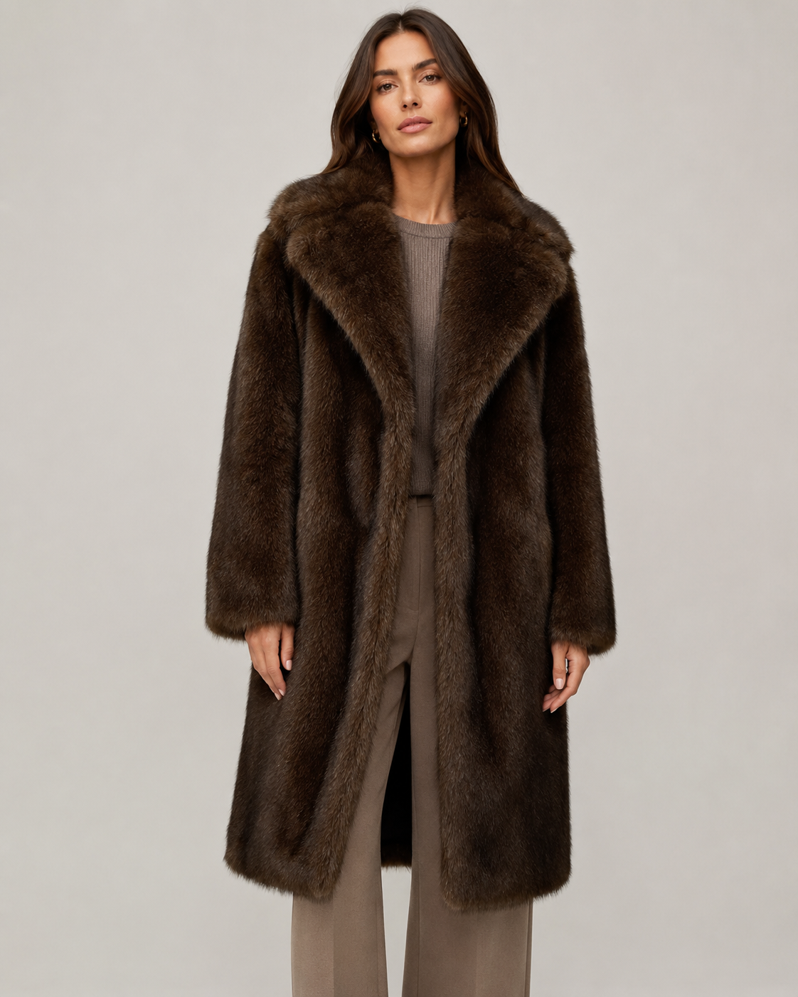 Faux Fur Longline Coat for Women with Wide Collar