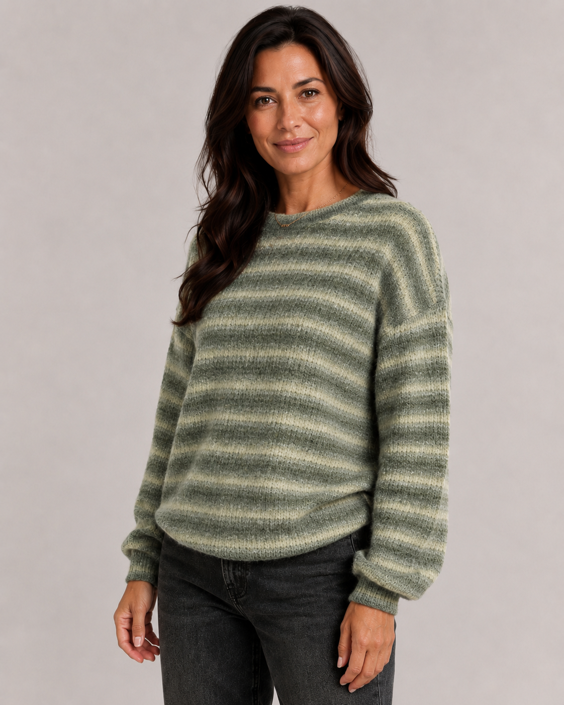 Fuzzy Striped Crew Neck Sweater - Women's Relaxed Fit