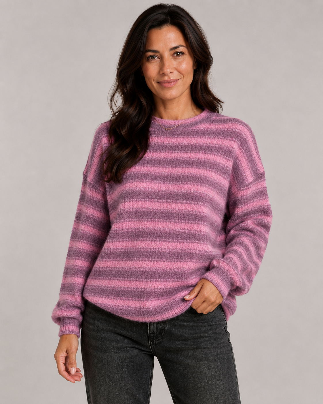 Fuzzy Striped Crew Neck Sweater - Women's Relaxed Fit