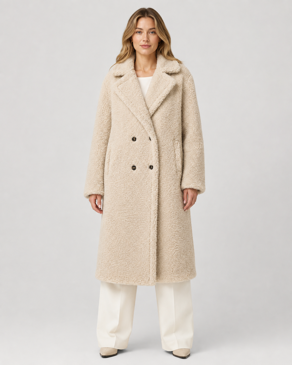 Long Teddy Coat - Double-Breasted Oversized Lapel for Women