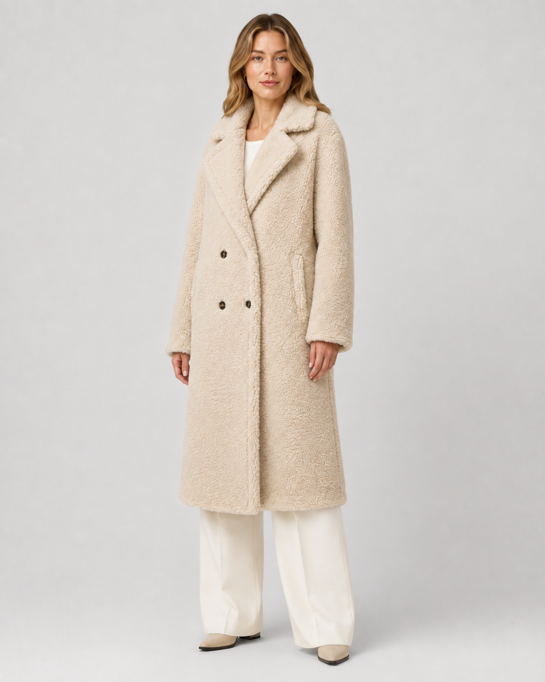 Long Teddy Coat - Double-Breasted Oversized Lapel for Women