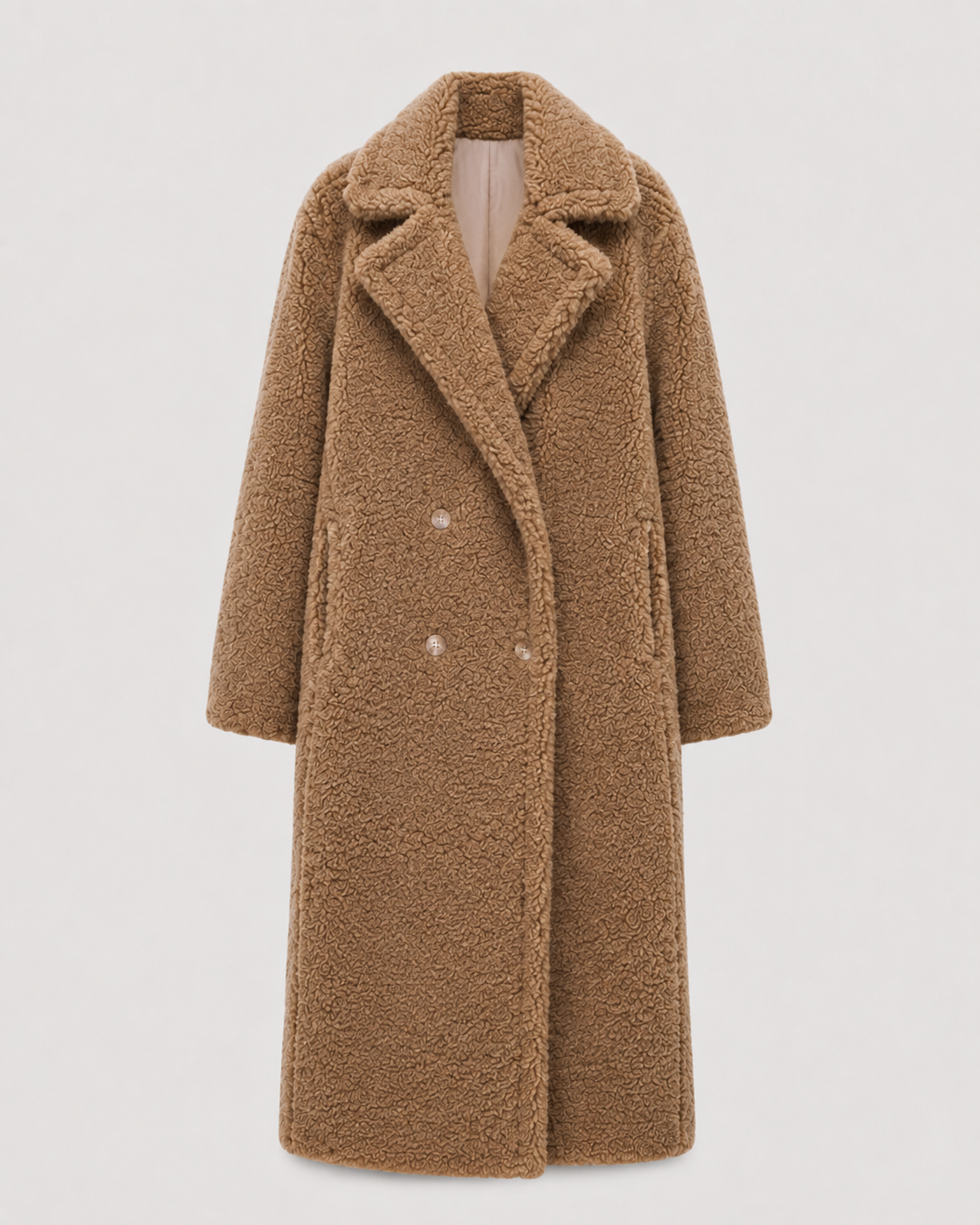 Long Teddy Coat - Double-Breasted Oversized Lapel for Women