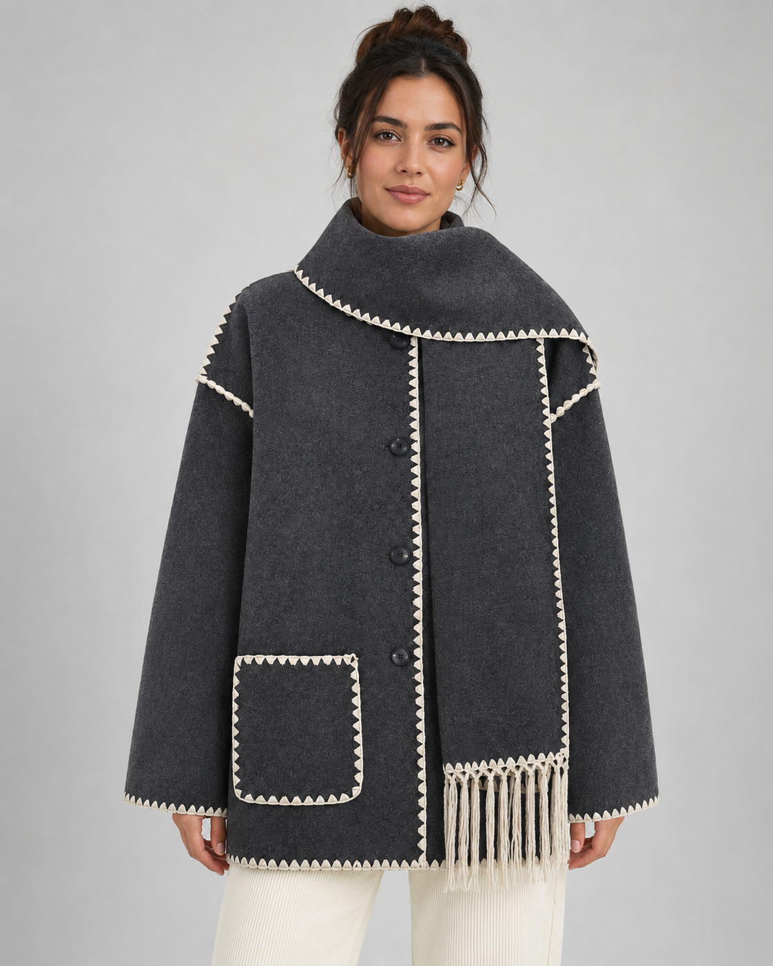 Women's Oversized Fringe Scarf Coat with Whipstitch Detail