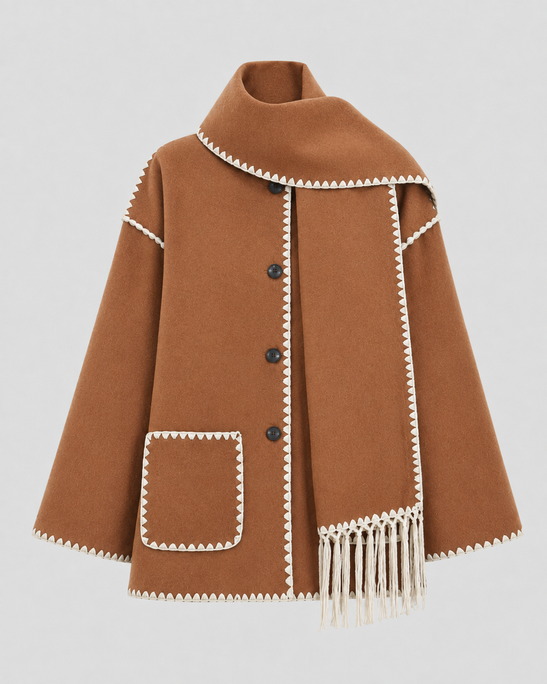 Women's Oversized Fringe Scarf Coat with Whipstitch Detail