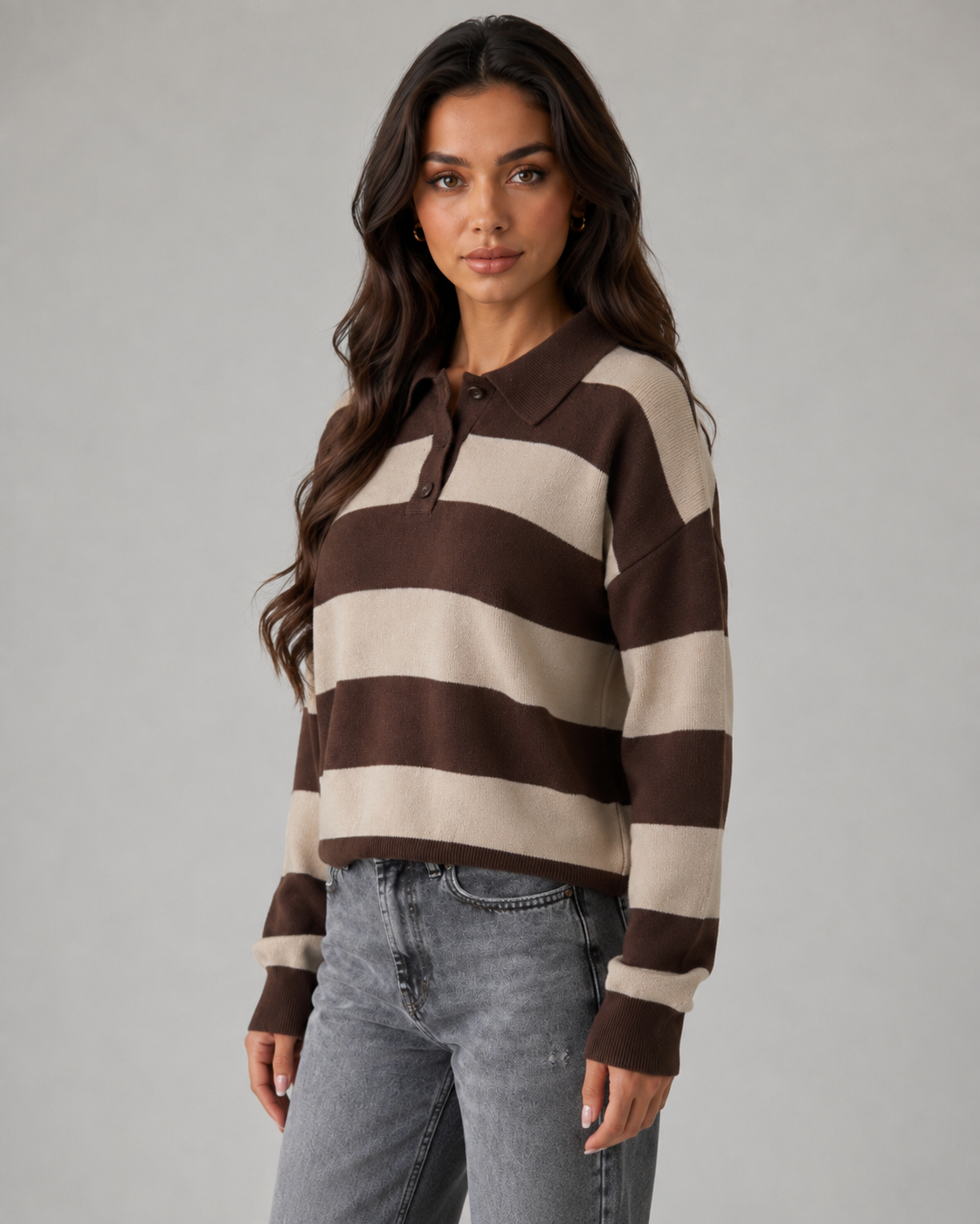 Women's Long Sleeve Rugby Stripe Polo Sweater - Relaxed Fit
