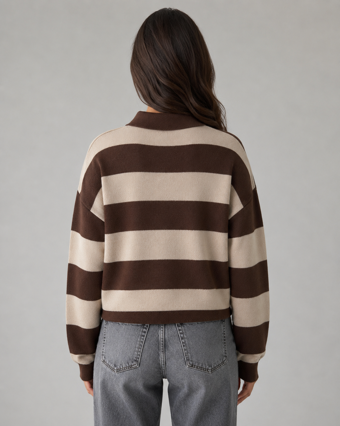 Women's Long Sleeve Rugby Stripe Polo Sweater - Relaxed Fit