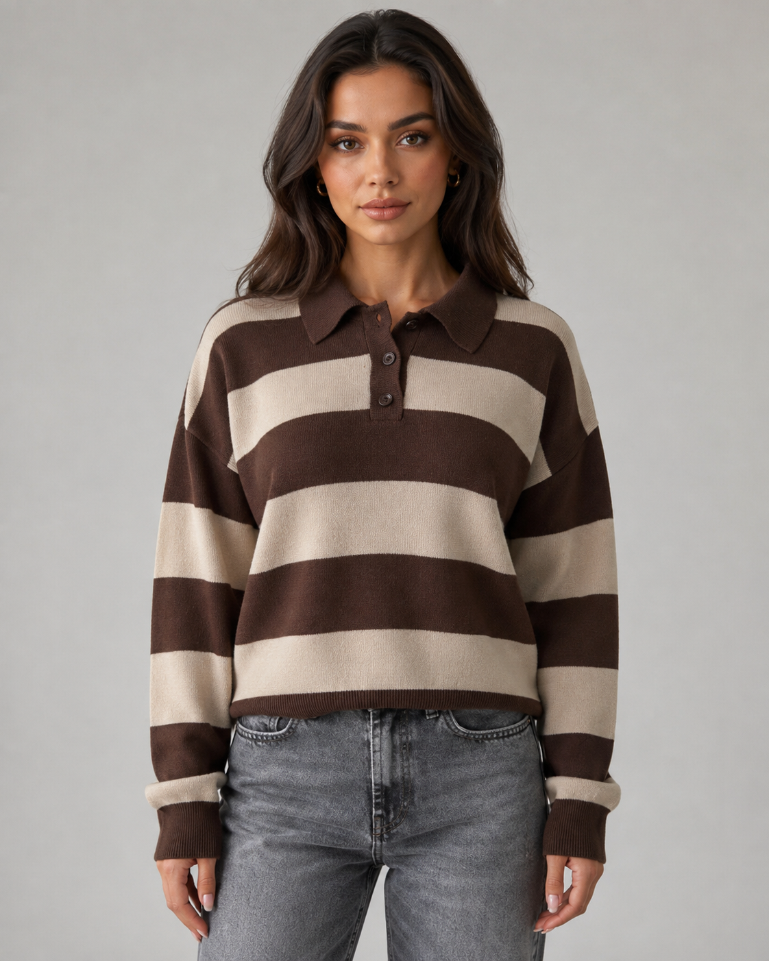 Women's Long Sleeve Rugby Stripe Polo Sweater - Relaxed Fit