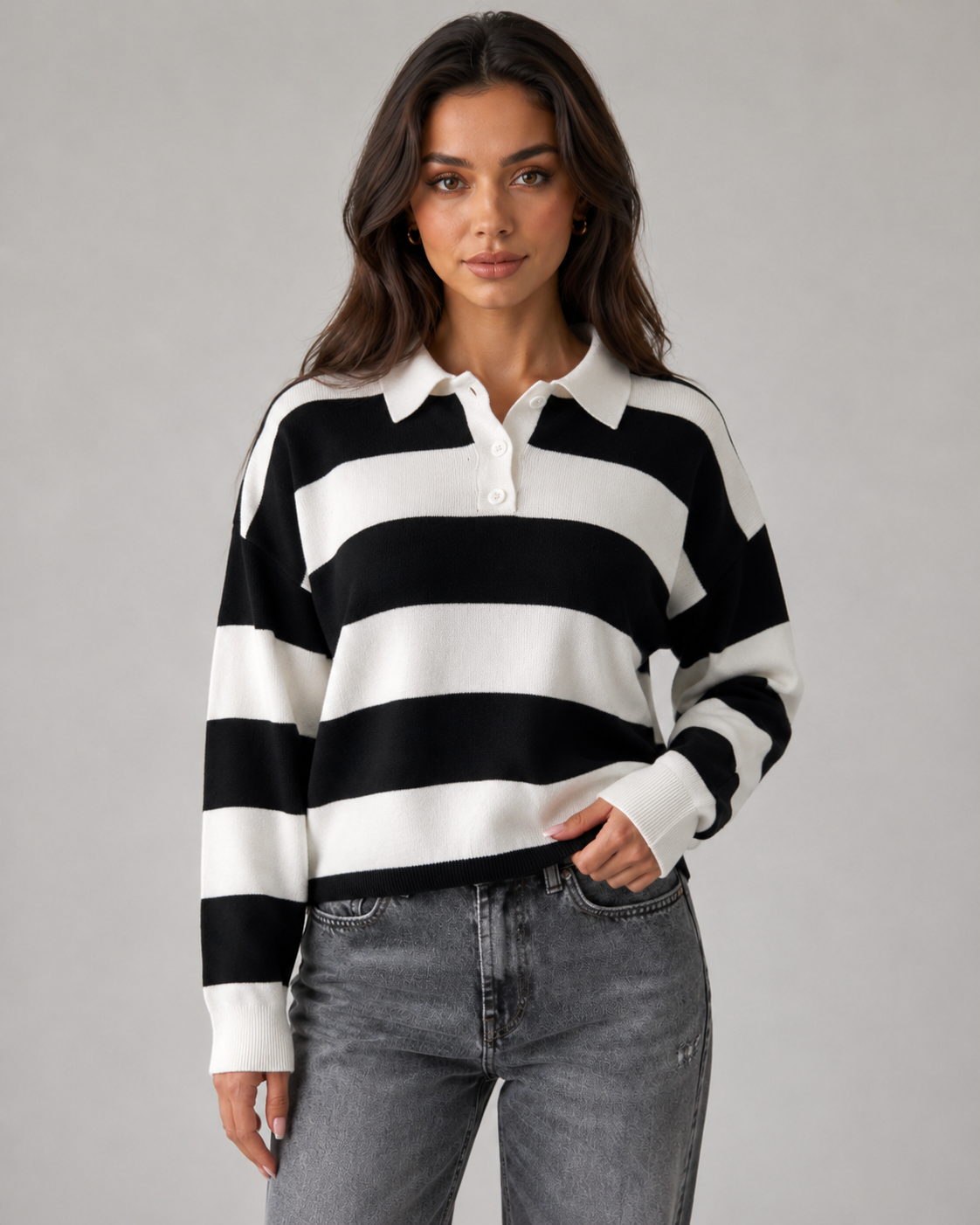 Women's Long Sleeve Rugby Stripe Polo Sweater - Relaxed Fit