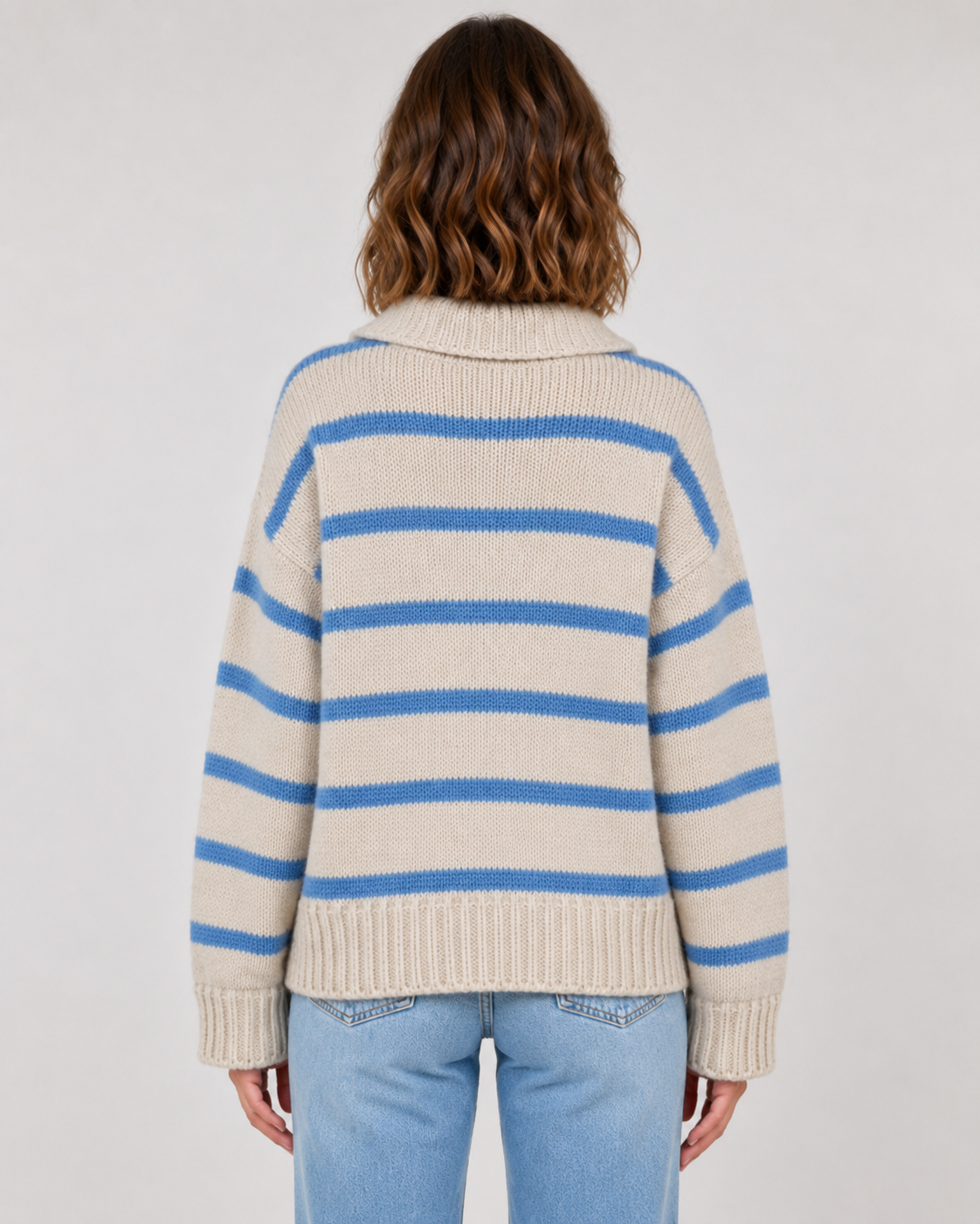 Striped Polo Collar Sweater - Women's Relaxed Fit