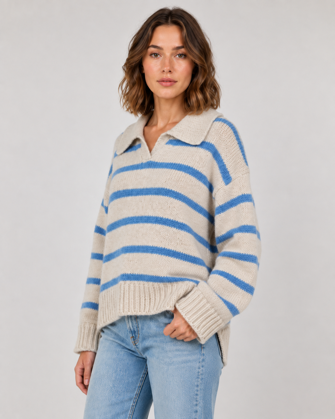 Striped Polo Collar Sweater - Women's Relaxed Fit