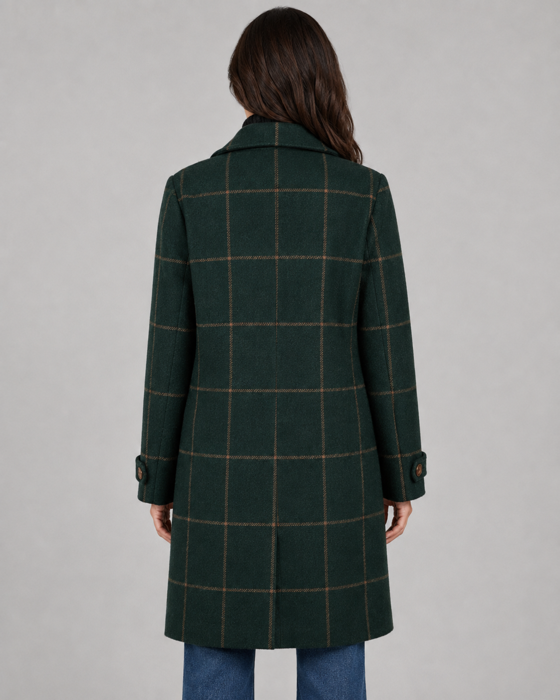 Women's Long Tailored Winter Coat with Windowpane Check
