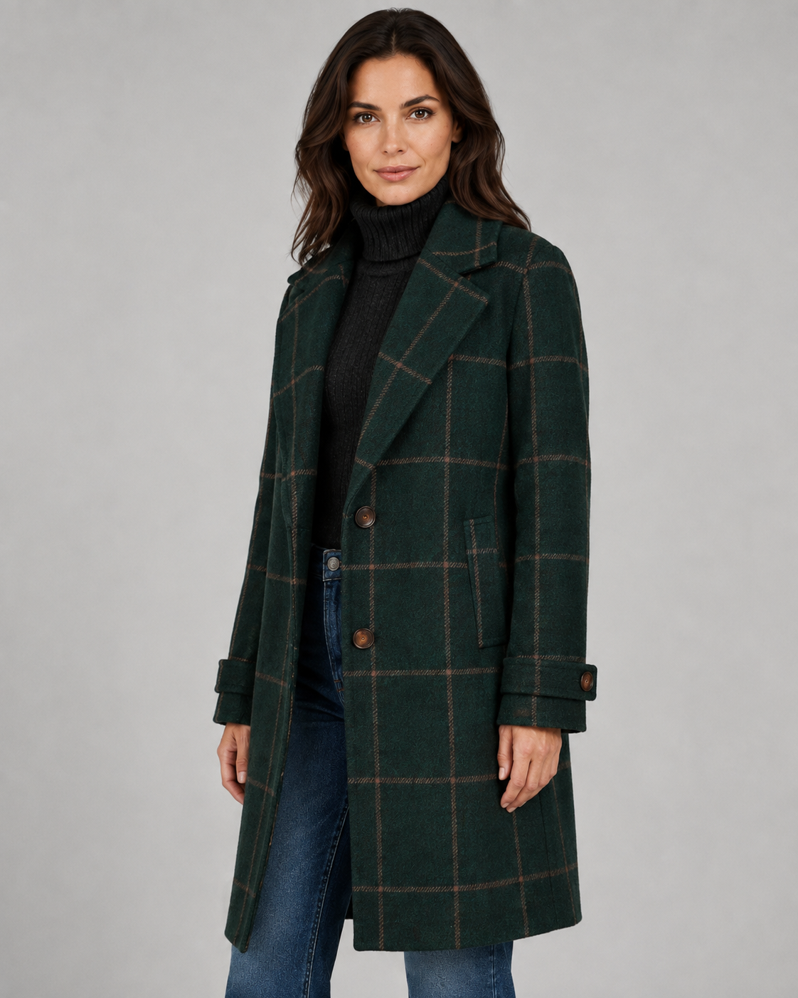 Women's Long Tailored Winter Coat with Windowpane Check