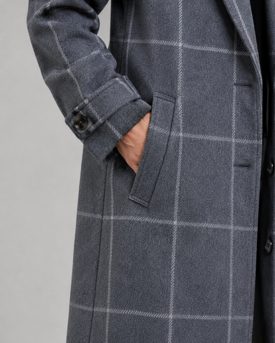 Women's Long Tailored Winter Coat with Windowpane Check