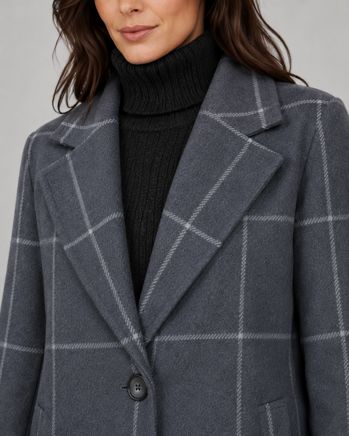Women's Long Tailored Winter Coat with Windowpane Check