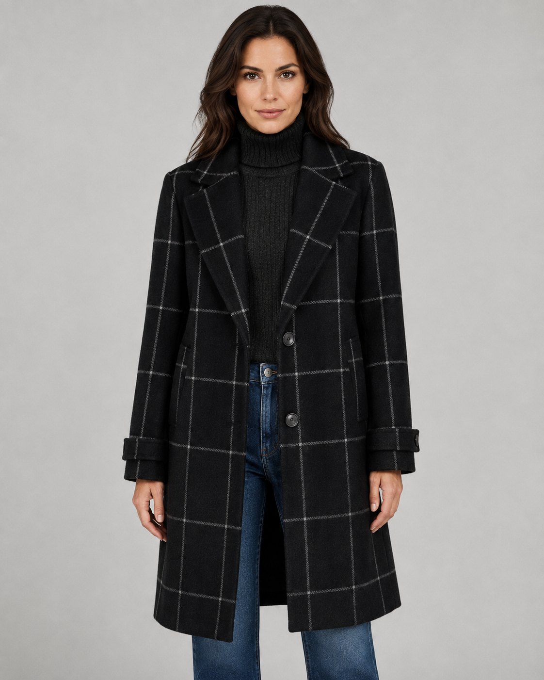 Women's Long Tailored Winter Coat with Windowpane Check