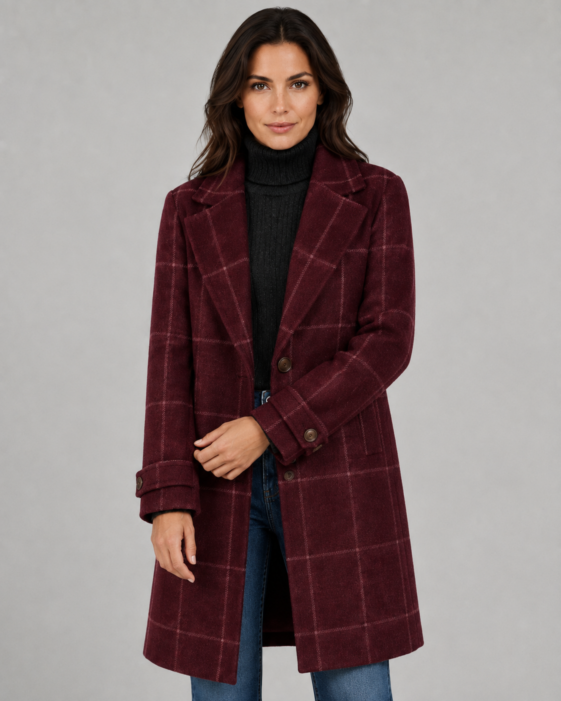 Women's Long Tailored Winter Coat with Windowpane Check