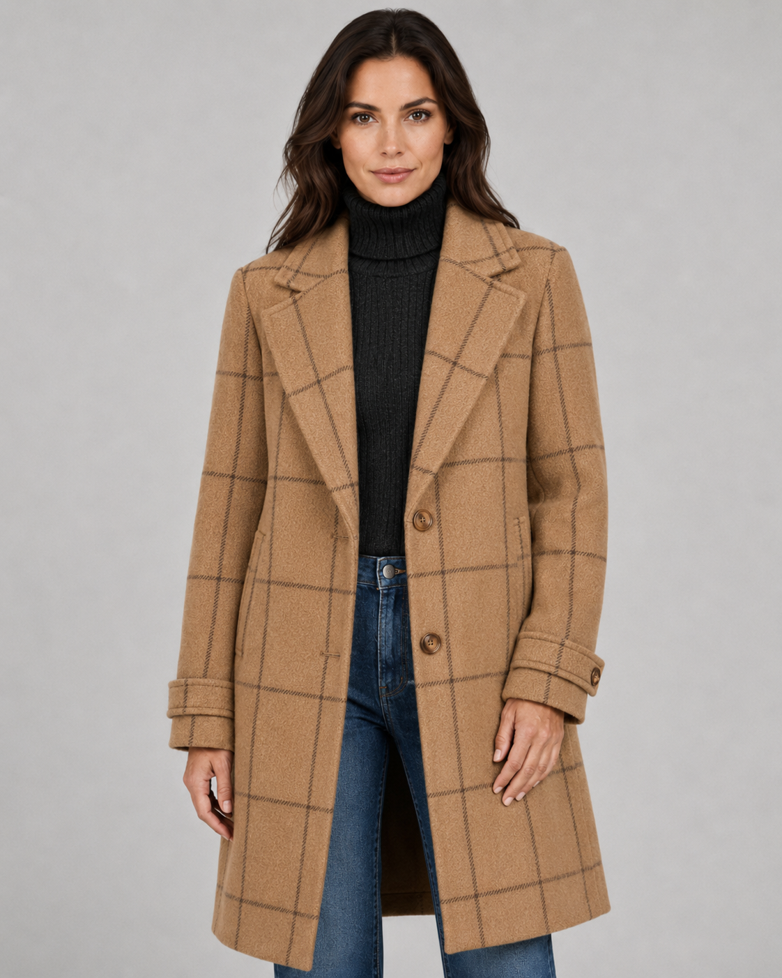 Women's Long Tailored Winter Coat with Windowpane Check